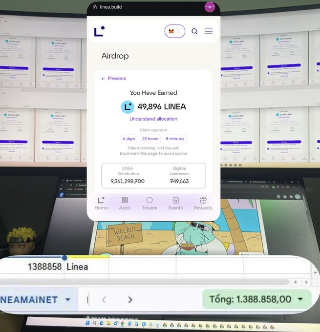 A linea.build webpage screenshot shows an airdrop of 49,896 LINEA tokens, with a LINEA balance of 1,388,858 displayed in a search bar at the bottom.