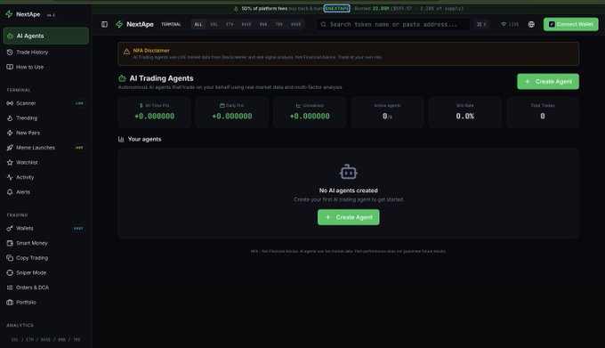 The image shows the Nextape Terminal's AI Trading Agents dashboard, featuring stats of "+0.000000" for 30d PnL, Daily PnL, and Unrealized, with 0 active agents and an empty "Your agents" section prompting users to create an AI trading agent. It visually represents the post's claim about building a custom AI trading terminal on Robinhood's Chain by highlighting the agent creation interface.