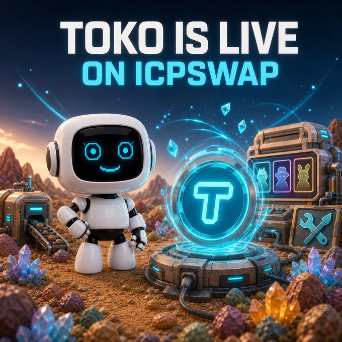 A promotional graphic reading 'TOKO IS LIVE ON ICPSWAP' featuring a cute white robot character next to a glowing 'T' cryptocurrency token on a sci-fi landscape with crystals.