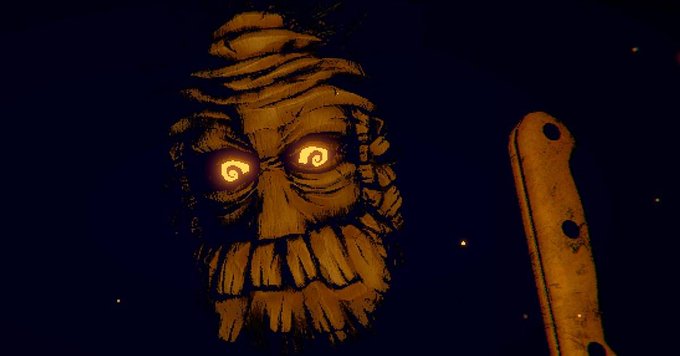 A dark, stylized digital artwork featuring a bearded face composed of thick, wood-like textures with glowing, spiral-shaped yellow eyes, set against a dark blue background with a wooden post on the right.