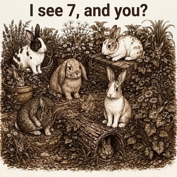 Illustration of multiple rabbits in a garden setting with the caption "I see 7, and you?" displayed at the top.
