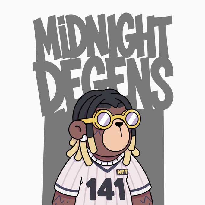 An NFT-style cartoon bear character wearing yellow goggles, a white jersey with "NFT 141," and a chain necklace, set against gray "MIDNIGHT DEFENS" graffiti-style text.