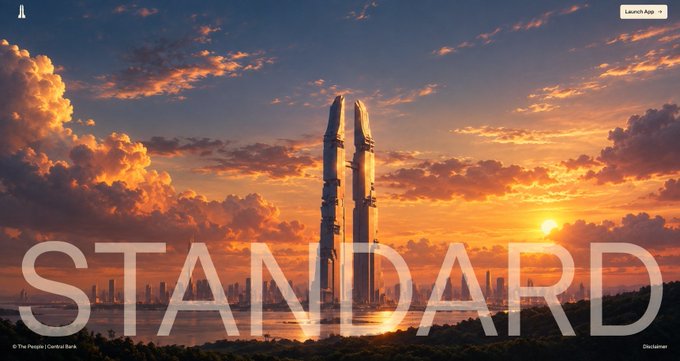 A futuristic cityscape at sunset featuring twin towers and the word "STANDARD" overlaid, credited to The People | Central Bank.