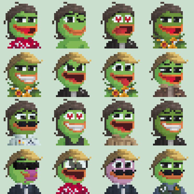 A 4x4 grid of pixel art Pepe the Frog faces in various expressions and outfits, including sunglasses, hats, and different colored clothing.