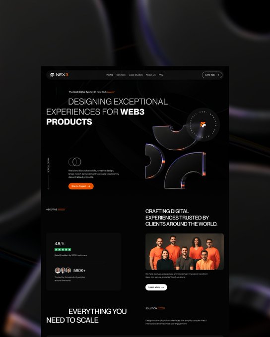 A dark-themed website mockup for 'NEX3' with the headline 'DESIGNING EXCEPTIONAL EXPERIENCES FOR WEB3 PRODUCTS', showing client statistics (4.8/5, 580K+) and a team photo.