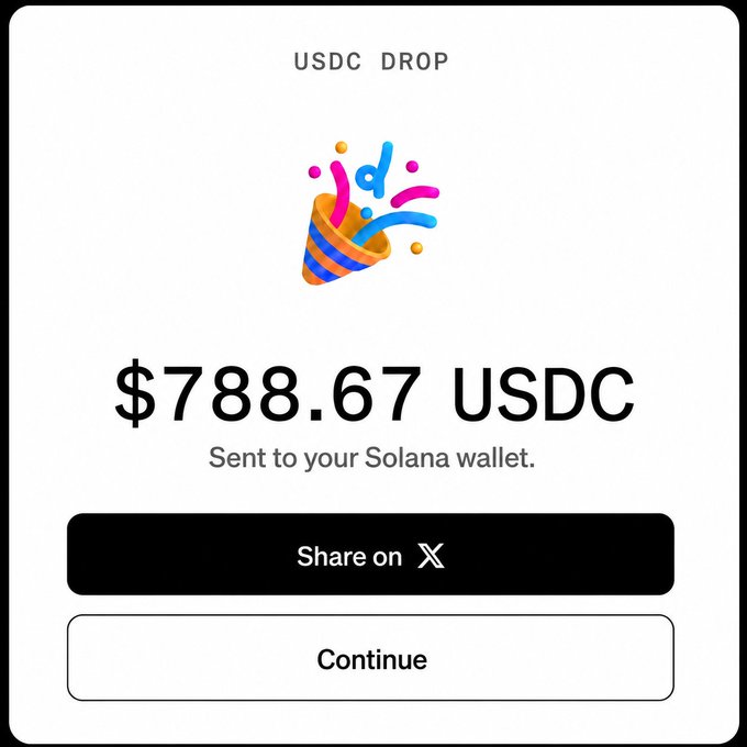This image shows a successful $788.67 USDC drop sent to a Solana wallet, reinforcing the post's message about a second chance at receiving free USDC.