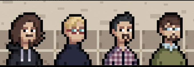 Pixel art animation showing four characters with different hairstyles and clothing sitting on a bench against a tiled wall background.