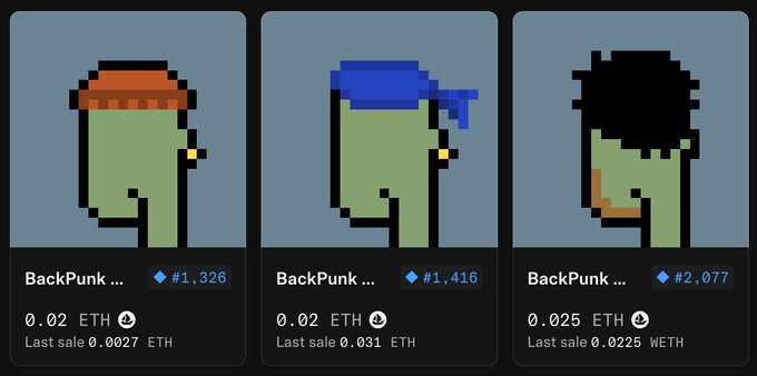 Three pixel-art NFT character cards from the 'BackPunk' collection displayed on a marketplace, each showing a green zombie-like figure with different headwear (orange beanie, blue bandana, and black hair), priced at 0.02 to 0.025 ETH with token IDs #1,326, #1,416, and #2,077.