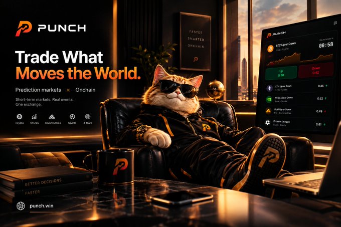 A stylish orange tabby cat wearing sunglasses lounges in a leather chair beside a laptop displaying BTC, ETH, SOL, and DOGE prediction markets on PUNCH's trading platform, with the tagline "Trade What Moves the World" reinforcing the ad's promise of faster, on-chain prediction market trading at punch.win.