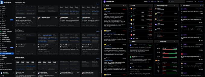 The image displays the DefiLlama Pro dashboard on the left, showing curated views like "Arbitrum Fees," "Most Popular," "Bridge Hacks," and "Uniswap - Overview," alongside the LlamaFeed interface on the right, which aggregates news, tweets, and real-time events with sentiment analysis on stories like "SEC vs Terraform Labs" and "BTC Futures & Spot Arbitrage." Together, they illustrate the integrated crypto analysis platform described, combining community-built dashboards with real-time social and news feeds.