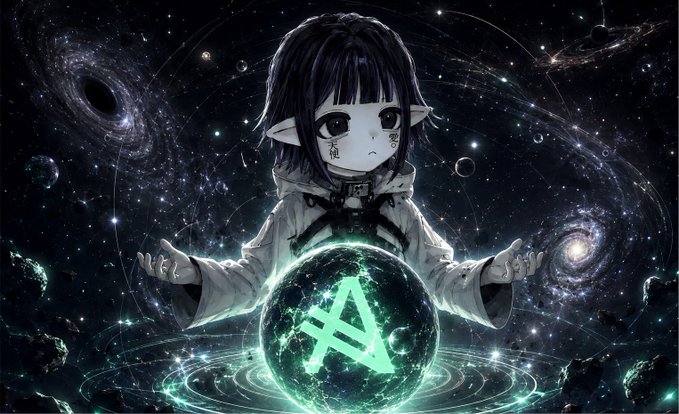 An anime-style character with pointed ears holds a glowing green orb marked with a rune, set against a cosmic backdrop of stars, galaxies, and swirling energy.