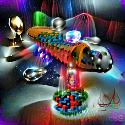 A vibrant AI-generated surreal artwork featuring a colorful rocket-like spaceship surrounded by planets, stars, and cosmic elements in a psychedelic space scene.