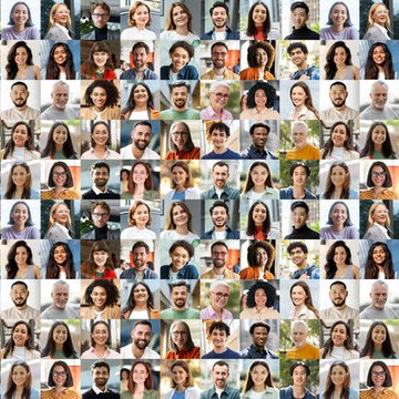 A grid collage composed of dozens of small headshot photographs showing a diverse variety of people of different ages, ethnicities, and genders in various portrait-style images.