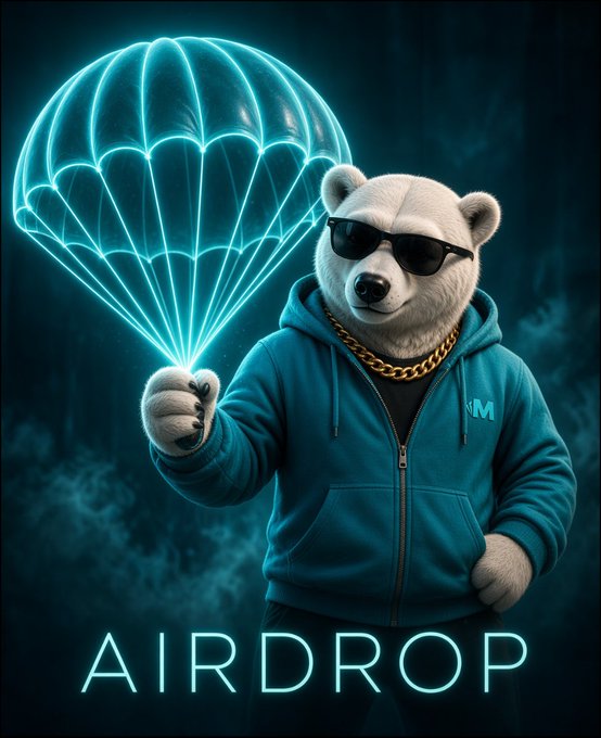 A polar bear in sunglasses, gold chain, and teal hoodie holding a glowing cyan parachute, with 'AIRDROP' text below.