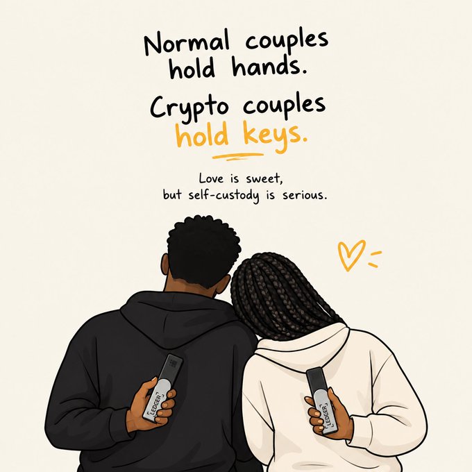 An illustration of a couple from behind holding hands, with the text "Normal couples hold hands. Crypto couples hold keys. Love is sweet, but self-custody is serious." while each holds a Ledger crypto hardware wallet.