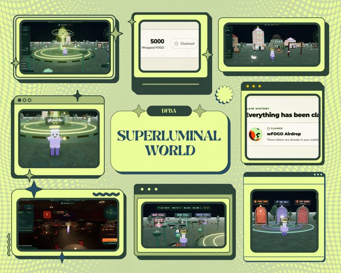 A promotional graphic for 'DFBA SUPERLUMINAL WORLD' featuring multiple screenshots of a 3D virtual environment, including a '5000 wFOGO Claimed' notification and an 'AIR HISTORY' panel showing a wFOGO Airdrop claim.