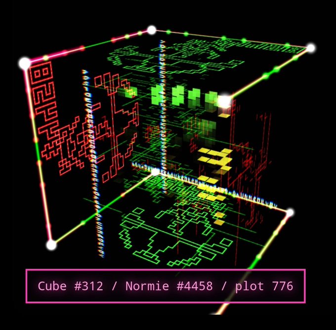 A 3D wireframe cube displays colorful maze-like patterns and glowing green and yellow cube structures, labeled 'Cube #312 / Normie #4458 / plot 776'.