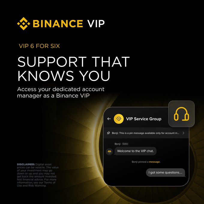 An advertisement for Binance VIP featuring the text 'SUPPORT THAT KNOWS YOU' and showing a VIP Service Group chat interface with a welcome message.