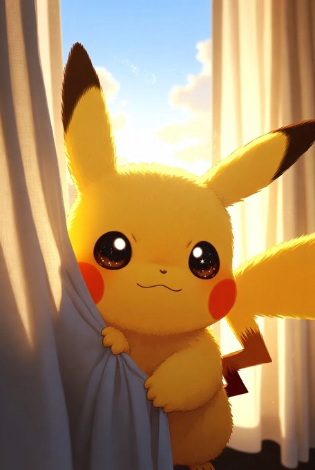 A digital illustration of Pikachu peeking out from behind a blue curtain, with sunlight streaming through a window in the background, giving the character a warm, glowing appearance.