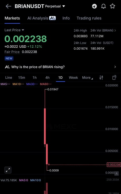 This graph shows the changing value of BRIANUSD over the course f several periods of time, including 4 hrs, 1_D, and WEEK. Last Price according to this graph is 0.0022238.