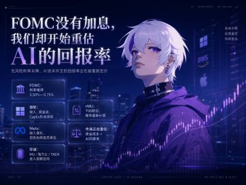 The image is a stylized trading analysis graphic featuring an anime-style character against a cityscape background, with the headline "FOMC没有加息，我们却开始重估AI的回报率" (FOMC didn't hike rates, but we're starting to reassess AI returns), highlighting the FOMC decision and an unexpected AI sector decline of 3.10%-3.75%. It visually complements the post's discussion of hitting predicted price targets for memory stocks ($MU at 706, $SNDK at 972, and SK Hynix at 884), with current prices shown above those levels ($MU 856, $SNDK 1240, SK Hynix 1041), suggesting successful trades on the anticipated AI/storage sector movement.