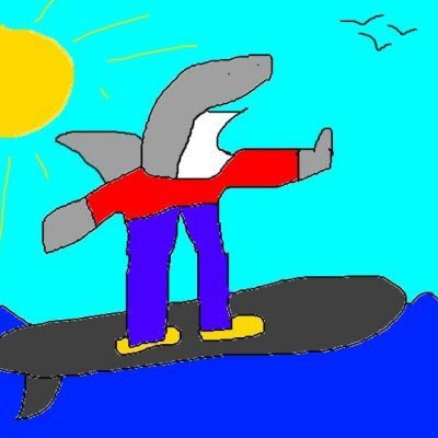A pixelated drawing of a shark wearing a red shirt and blue pants, standing on a rock in the ocean with arms outstretched, with a sun and birds in the background.