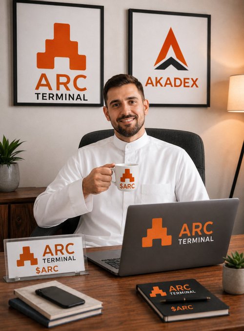 A promotional image for 'ARC TERMINAL' featuring a smiling man in traditional white attire sitting at a desk with branded merchandise, including framed logos for 'ARC' and 'AKADEX' in the background.