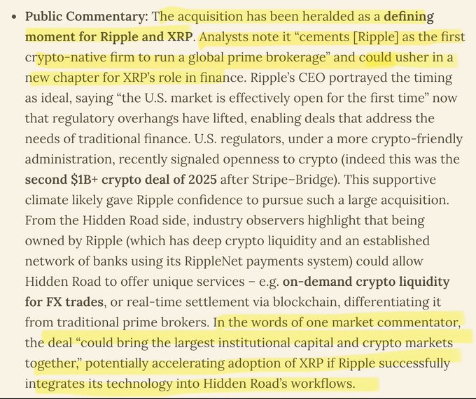 A highlighted text excerpt discussing Ripple's acquisition of Hidden Road, framed as a defining moment that positions Ripple as the "first crypto-native firm to run a global prime brokerage" and notes this was the second $1B+ crypto deal of 2025 after Stripe–Bridge. The caption relates to the accompanying post by emphasizing how Ripple Prime aims to merge institutional capital with crypto markets and expand XRP's role in U.S. finance.