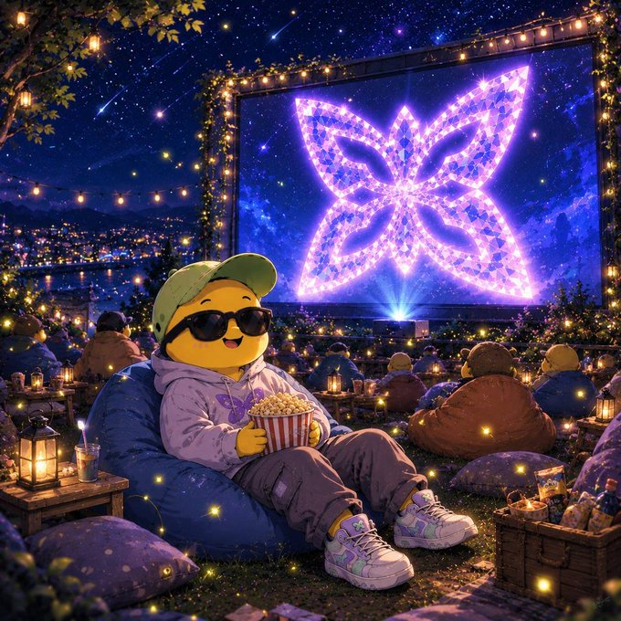A whimsical illustration shows a cute character in a cap and sunglasses eating popcorn at an outdoor nighttime cinema, watching a glowing purple butterfly on a large screen.