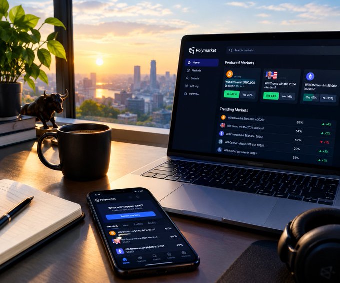 A desk setup at sunset with a city view featuring a laptop and smartphone both displaying the Polymarket prediction market platform showing 'Trending Markets' and 'Featured Markets' with various election-related predictions.