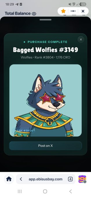 A mobile web browser screenshot on 'app.ebisusbay.com' shows a 'PURCHASE COMPLETE' screen for 'Bagged Wolfies #3149' featuring a cartoon wolf character with star-shaped sunglasses.