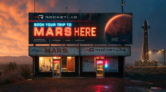 A neon-lit billboard advertising 'ROCKETLAB' reads 'BOOK YOUR TRIP TO MARS HERE' with destinations listed as 'THE MOON | MARS | THE GALAXY', shown next to a rocket launchpad at dusk.