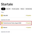 A mobile screenshot of the Startale app's Tasks page showing available tasks including "Daily GM" and a "Jiffyscan Summer Fiesta, August 2025" referral task, both marked as "In progress," highlighting the daily GM farming routine referenced in the accompanying post about Startale Group's points program and upcoming Q4 TGE.