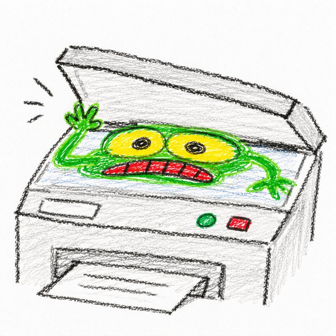 Child's crayon drawing of a green monster with yellow eyes and red teeth stuck inside a printer/scanner machine.