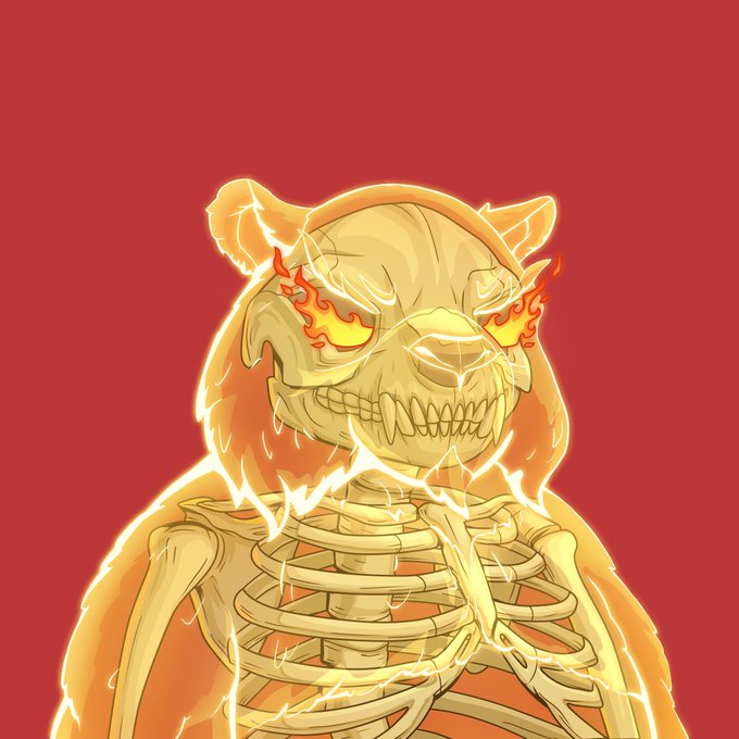 An illustrated golden/bronze demonic skull with flaming eyes and an exposed ribcage, glowing against a solid red background.