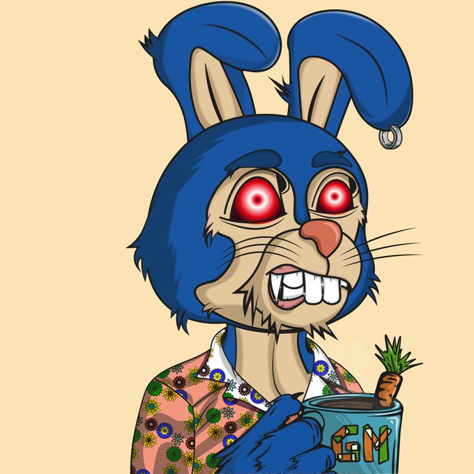 A cartoon illustration of a blue anthropomorphic rabbit with glowing red eyes, wearing a floral shirt and holding a mug with a carrot and the text 'GIN'.