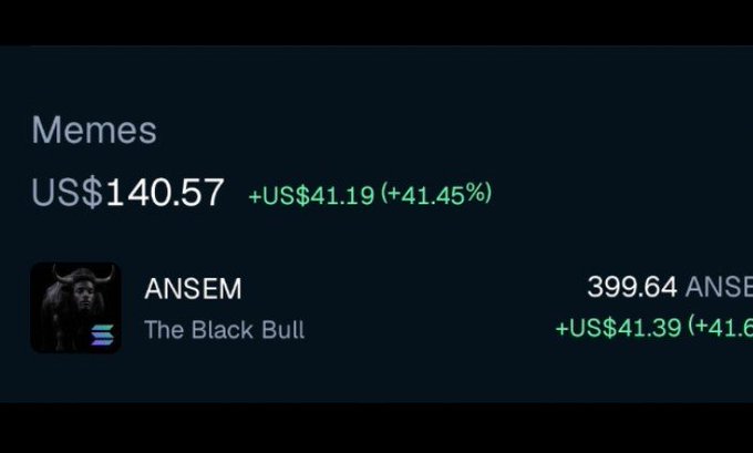 A cryptocurrency tracker showing the 'Memes' token at US$140.57 (+US$41.19, +41.45%), with ANSEM ('The Black Bull') holding 399.64 ANSE tokens.
