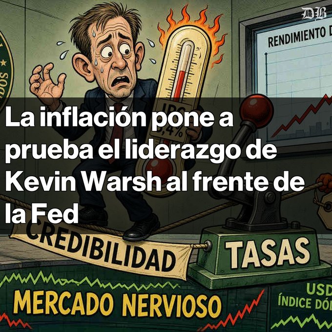 A cartoon illustration depicts a sweating, anxious man in a suit near a flaming thermometer, with Spanish text overlay reading 'La inflación pone a prueba el liderazgo de Kevin Warsh al frente de la Fed' and 'MERCADO NERVIOSO' at the bottom.