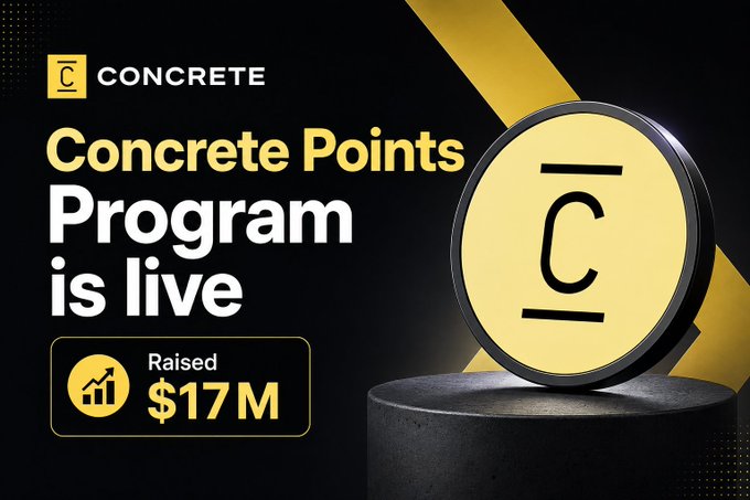 The promotional graphic announces that Concrete's Points Program is now live, highlighting that the project has raised $17M in funding, with the post emphasizing ConcreteXYZ's onchain infrastructure for automated vault strategies, credit systems, and yield products.