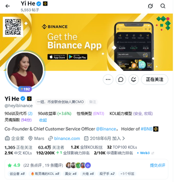 A Chinese social media profile (YiHe) for a Binance Co-Founder & CMO with 5,553 followers, advertising the Binance App for App Store and Google Play.