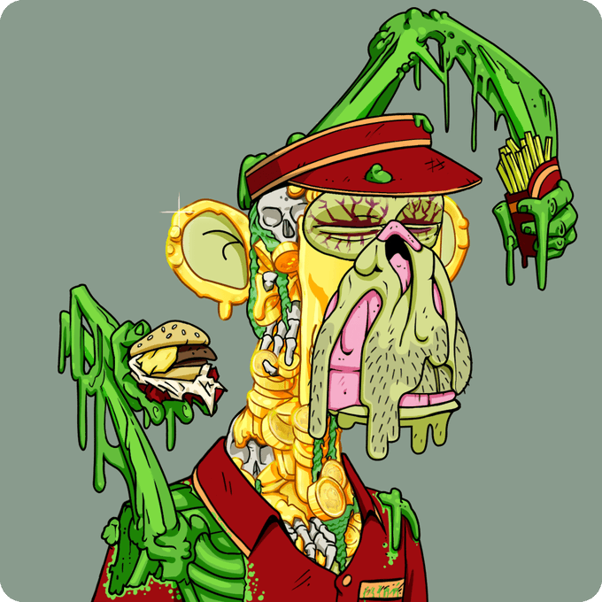 The image features a cartoon monkey wearing a red shirt, holding a burger with lettuce sticking out of it. The monkey has a green hat on its head and appears to be eating the burger. Below the monkey's feet are two gold coins. The caption below the image reads "GM GM Happy Mutant Monday! - Like or post below if I don' t follow you already."
