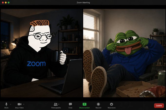A meme-style Zoom meeting screenshot showing a Wojak "Zoomer" character on the left and a Pepe the Frog figure on the right, in a dimly lit apartment with a pizza box and energy drink on the table.