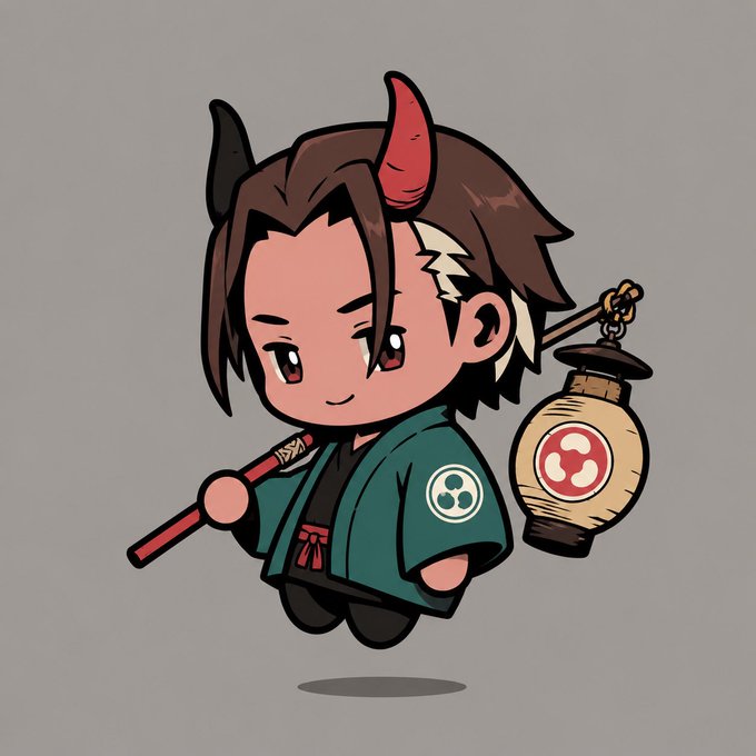 A chibi-style cartoon character with dark hair, a single red demon horn, and a tea-green kimono featuring a triple-circle crest holds a red staff alongside a paper lantern marked with the same three-dot symbol. The yokai-inspired mascot visually mirrors the post's playful, folklore-themed disappointment over the unclaimed MoonPay airdrop.