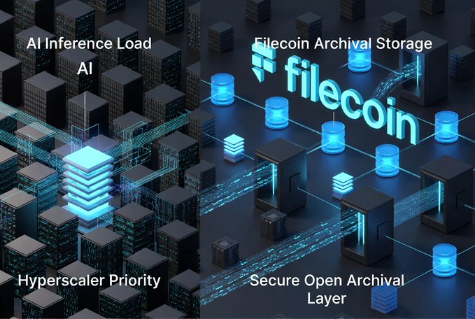 A split digital illustration contrasting AI Inference Load for Hyperscaler Priority on the left with Filecoin Archival Storage as a Secure Open Archival Layer on the right, featuring glowing blue server towers and data flow lines.