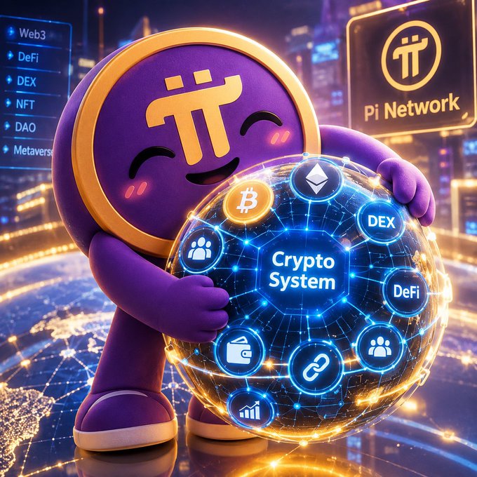 A purple cartoon Pi Network mascot holding a glowing globe labeled 'Crypto System' featuring Bitcoin, DEX, and DeFi icons, set against a futuristic city backdrop.