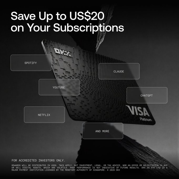 An OKX Visa Platinum credit card advertisement offering up to US$20 savings on subscriptions including Spotify, YouTube, Netflix, Claude, and ChatGPT for accredited investors.