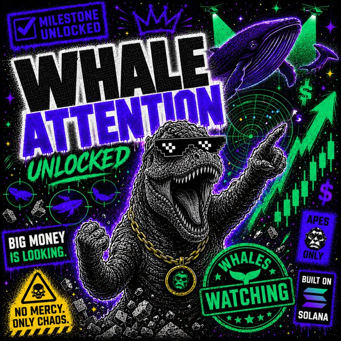 "WHALE ATTENTION UNLOCKED" is written above an illustration of a dinosaur with sunglasses, teeth wide open, and appearing to talk. It also features images related to the title or big money entering the radar, such as dollar signs. The background includes various ocean images and symbols, including ships, buoys, and whale-related elements, all reinforcing the theme of the post about the whales watching the dinosaur.