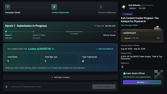 A dashboard for the 'Axis Content Creator Program: The Katalyst for Physical AI' shows a current epoch period of August 19, 2026 – September 18, 2026, with a leaderboard indicating 'TBA' for rankings.