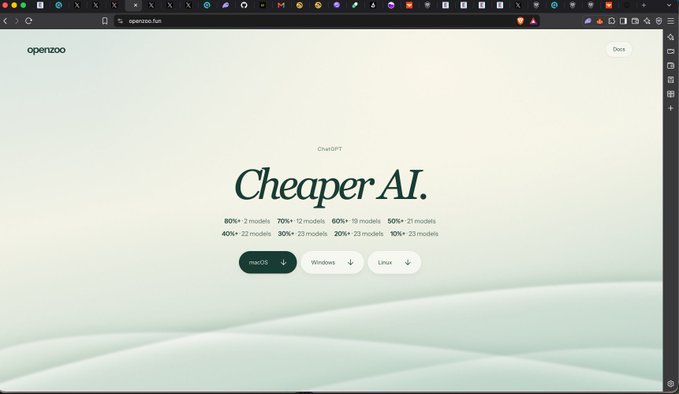 A screenshot of the openzoo.fun website promoting ChatGPT with the headline 'Cheaper AI' and discounts (e.g., '80% - 2 models', '70% - 12 models') for macOS, Windows, and Linux.