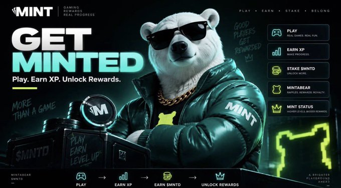 A promotional banner for the MINT gaming rewards platform featuring a polar bear in sunglasses and a leather jacket, with the text 'GET MINTED. Play. Earn XP. Unlock Rewards.'